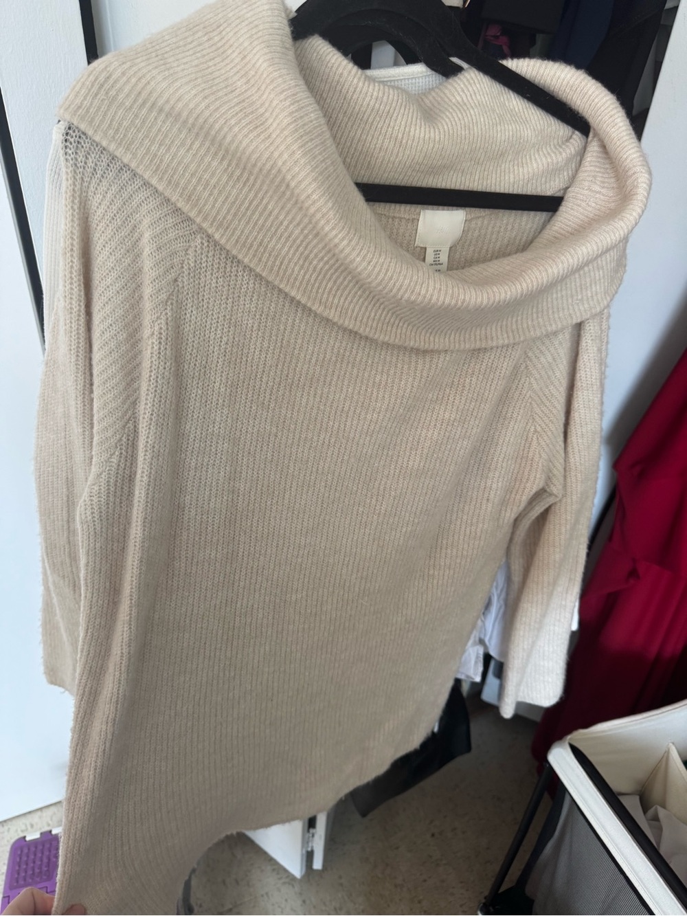 H&M Long Sleeve Shrug-Shoulder/Cowl Neck Ribbed Sweater in Cream/Beige